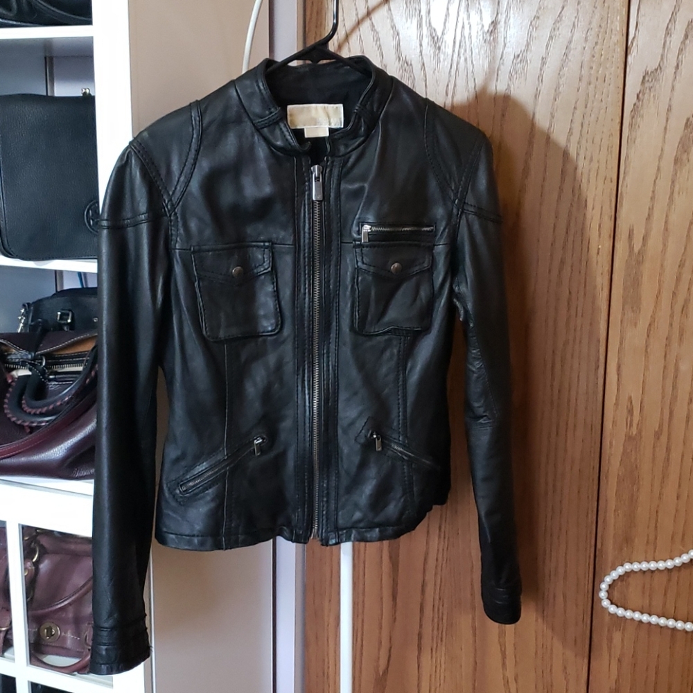 Michael Kors Leather Moto Cropped Jacket Large